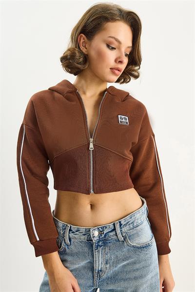 Kadın Kapüşonlu Fermuarlı Korse Detaylı Şardonlu Crop Hırka 6867 60283525 - Kahverengi