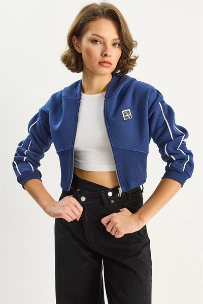 Kadın Kapüşonlu Fermuarlı Korse Detaylı Şardonlu Crop Hırka 6867 60283525 - Lacivert