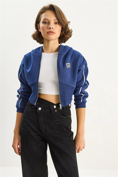 Kadın Kapüşonlu Fermuarlı Korse Detaylı Şardonlu Crop Hırka 6867 60283525 - Lacivert
