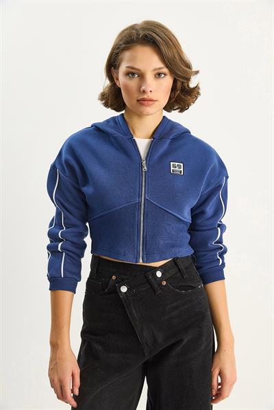 Kadın Kapüşonlu Fermuarlı Korse Detaylı Şardonlu Crop Hırka 6867 60283525 - Lacivert