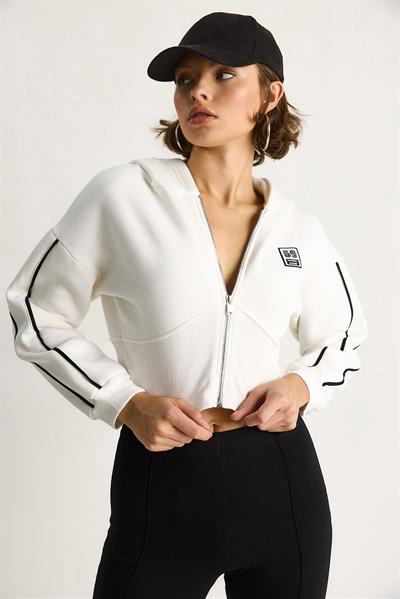 Kadın Kapüşonlu Fermuarlı Korse Detaylı Şardonlu Crop Hırka 6867 60283525 - Beyaz
