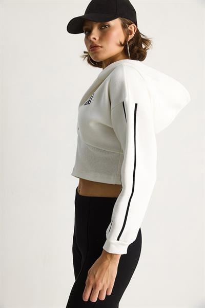 Kadın Kapüşonlu Fermuarlı Korse Detaylı Şardonlu Crop Hırka 6867 60283525 - Beyaz