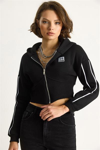 Kadın Kapüşonlu Fermuarlı Korse Detaylı Şardonlu Crop Hırka 6867 60283525 - Siyah