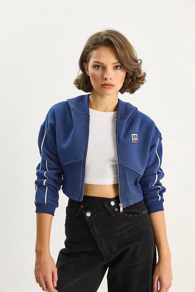 Kadın Kapüşonlu Fermuarlı Korse Detaylı Şardonlu Crop Hırka 6867 60283525 - Lacivert