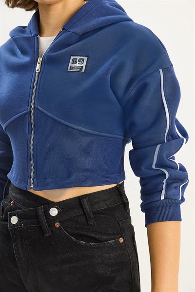 Kadın Kapüşonlu Fermuarlı Korse Detaylı Şardonlu Crop Hırka 6867 60283525 - Lacivert