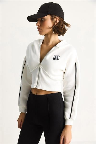 Kadın Kapüşonlu Fermuarlı Korse Detaylı Şardonlu Crop Hırka 6867 60283525 - Beyaz