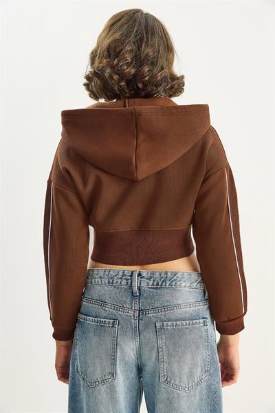Kadın Kapüşonlu Fermuarlı Korse Detaylı Şardonlu Crop Hırka 6867 60283525 - Kahverengi