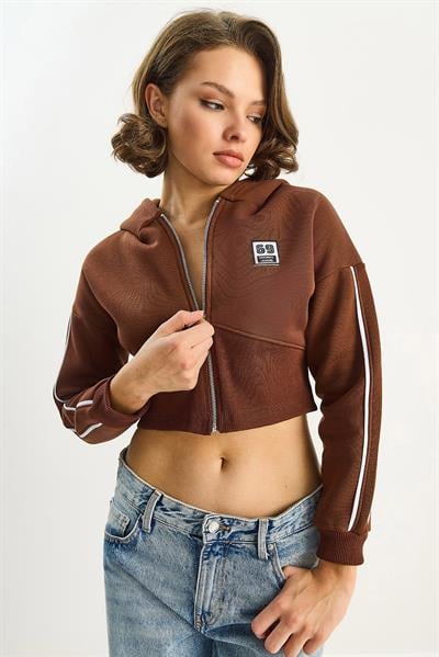 Kadın Kapüşonlu Fermuarlı Korse Detaylı Şardonlu Crop Hırka 6867 60283525 - Kahverengi