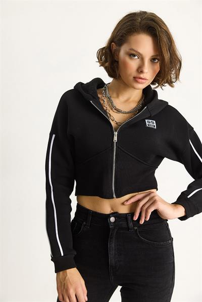 Kadın Kapüşonlu Fermuarlı Korse Detaylı Şardonlu Crop Hırka 6867 60283525 - Siyah
