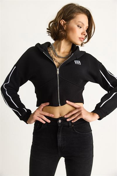 Kadın Kapüşonlu Fermuarlı Korse Detaylı Şardonlu Crop Hırka 6867 60283525 - Siyah