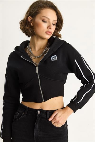 Kadın Kapüşonlu Fermuarlı Korse Detaylı Şardonlu Crop Hırka 6867 60283525 - Siyah