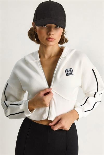 Kadın Kapüşonlu Fermuarlı Korse Detaylı Şardonlu Crop Hırka 6867 60283525 - Beyaz