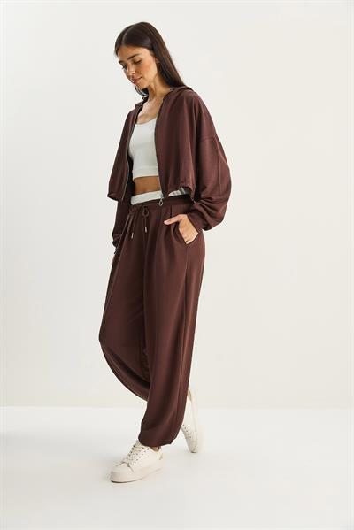 Kadın Kapüşonlu Hırka Crop Atlet Yüksek Bel Pantolon Relaxed Modal 3lü Takım 4062 60283773 - Kahverengi