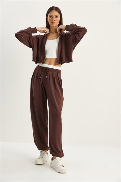 Kadın Kapüşonlu Hırka Crop Atlet Yüksek Bel Pantolon Relaxed Modal 3lü Takım 4062 60283773 - Kahverengi