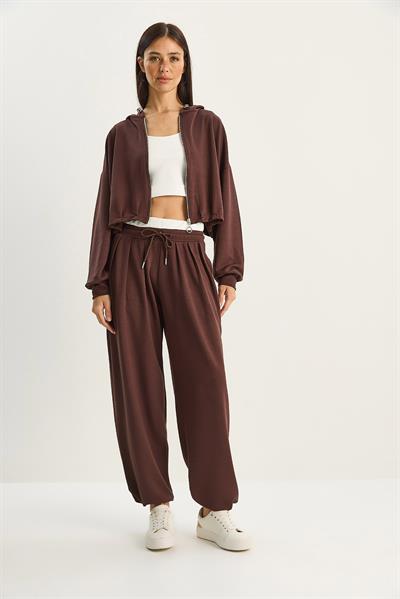 Kadın Kapüşonlu Hırka Crop Atlet Yüksek Bel Pantolon Relaxed Modal 3lü Takım 4062 60283773 - Kahverengi