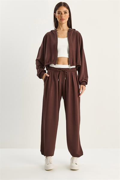 Kadın Kapüşonlu Hırka Crop Atlet Yüksek Bel Pantolon Relaxed Modal 3lü Takım 4062 60283773 - Kahverengi