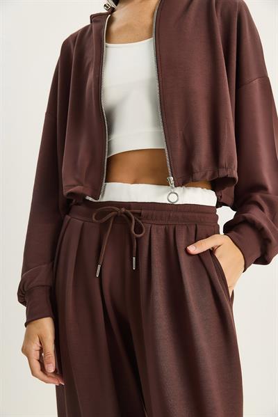 Kadın Kapüşonlu Hırka Crop Atlet Yüksek Bel Pantolon Relaxed Modal 3lü Takım 4062 60283773 - Kahverengi