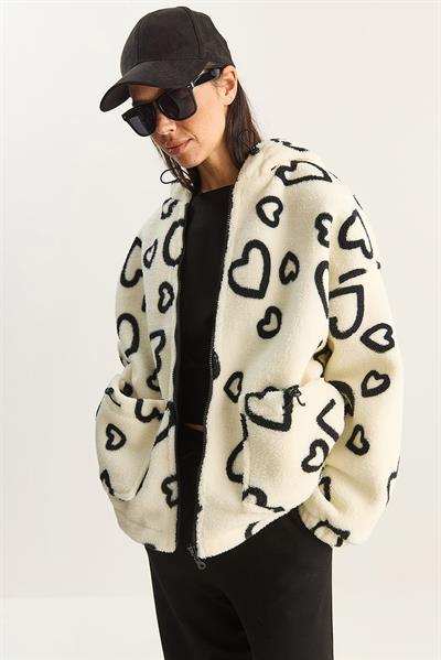 Kadın Kapüşonlu Kalpli Oversize Peluş Mont 4047 60283843 - Ekru