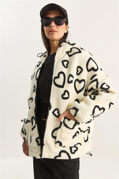 Kadın Kapüşonlu Kalpli Oversize Peluş Mont 4047 60283843 - Ekru