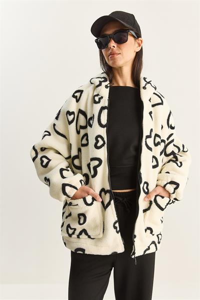 Kadın Kapüşonlu Kalpli Oversize Peluş Mont 4047 60283843 - Ekru