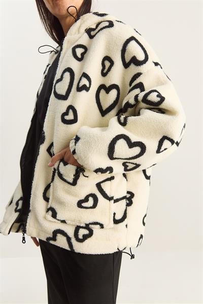 Kadın Kapüşonlu Kalpli Oversize Peluş Mont 4047 60283843 - Ekru