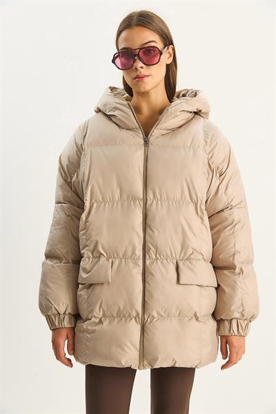 Kadın Kapüşonlu Oversize Yarasa Kol Şişme Mont 60283686 - Bej