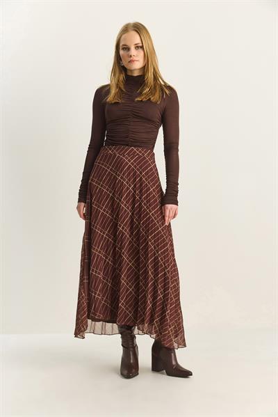 Kadın Kare Desenli Piliseli Astarlı Şifon Etek 60283903 - Kahve-Yeşil