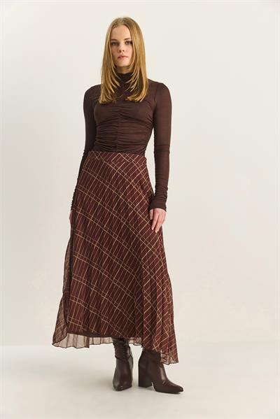 Kadın Kare Desenli Piliseli Astarlı Şifon Etek 60283903 - Kahve-Yeşil