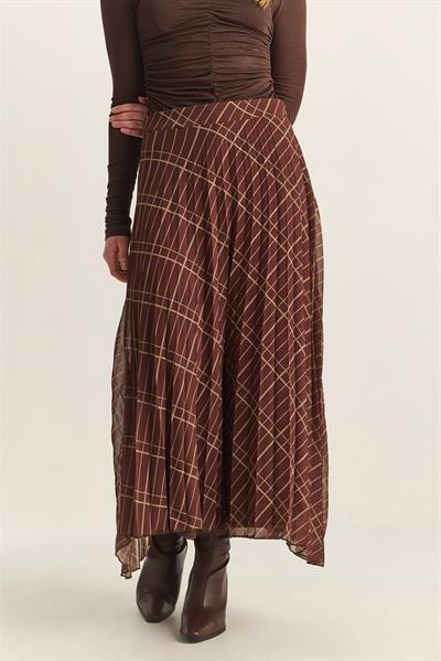 Kadın Kare Desenli Piliseli Astarlı Şifon Etek 60283903 - Kahve-Yeşil