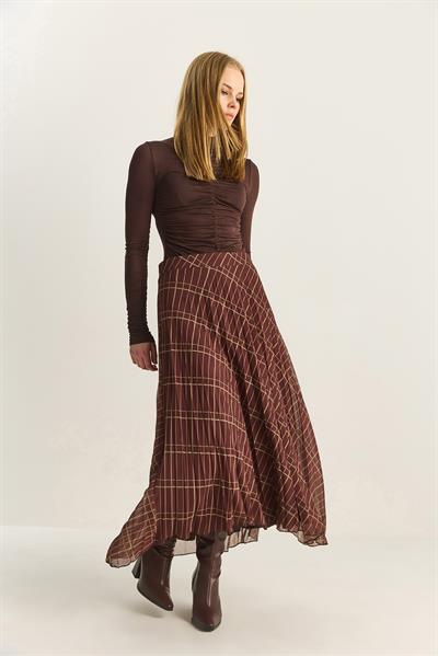 Kadın Kare Desenli Piliseli Astarlı Şifon Etek 60283903 - Kahve-Yeşil