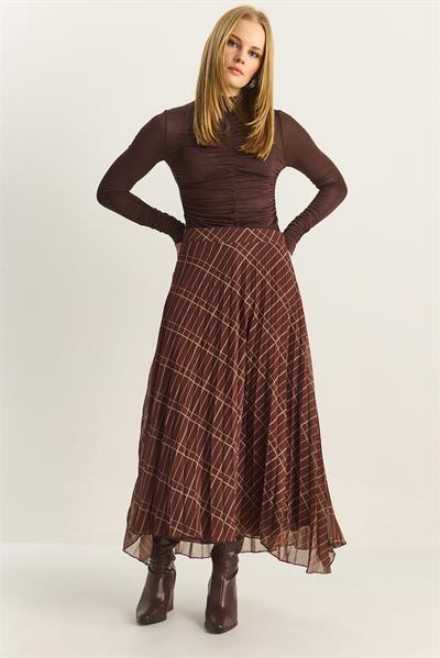 Kadın Kare Desenli Piliseli Astarlı Şifon Etek 60283903 - Kahve-Yeşil