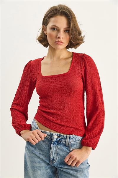 Kadın Kare Yaka Uzun Kollu Gofre Bluz 0442 60283694 - Kırmızı