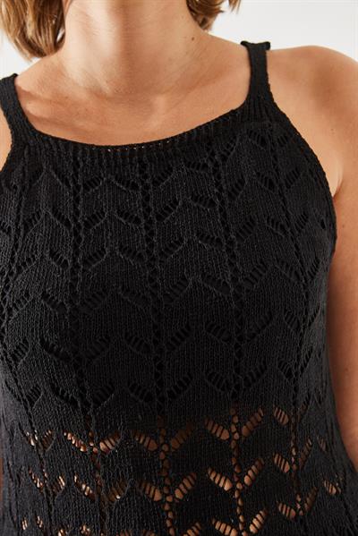 Kadın Kare Yaka Yırtmaç Detaylı Astarlı Ajurlu Elbise 20246112 - Siyah