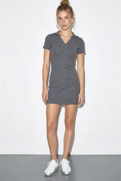 Kadın Kaşkorse Polo Yaka Mini Basic Elbise 60284008 - Gri