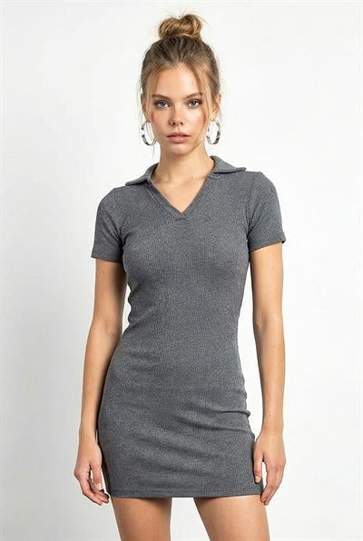 Kadın Kaşkorse Polo Yaka Mini Basic Elbise 60284008 - Gri