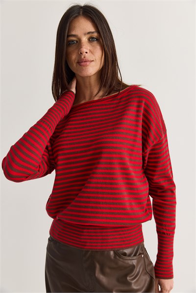 Kadın Kaşmir Dokulu Beli Saran Çizgili Kayık Yaka Oversize Triko Kazak TK251184 60286615 - Kahverengi-Kırmızı