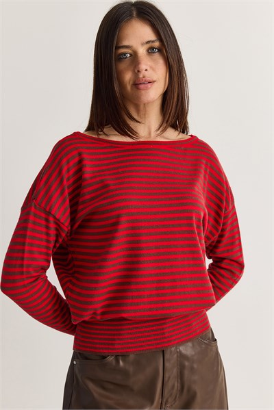 Kadın Kaşmir Dokulu Beli Saran Çizgili Kayık Yaka Oversize Triko Kazak TK251184 60286615 - Kahverengi-Kırmızı