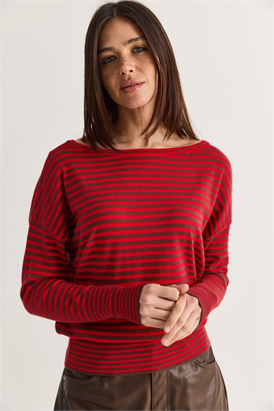 Kadın Kaşmir Dokulu Beli Saran Çizgili Kayık Yaka Oversize Triko Kazak TK251184 60286615 - Kahverengi-Kırmızı