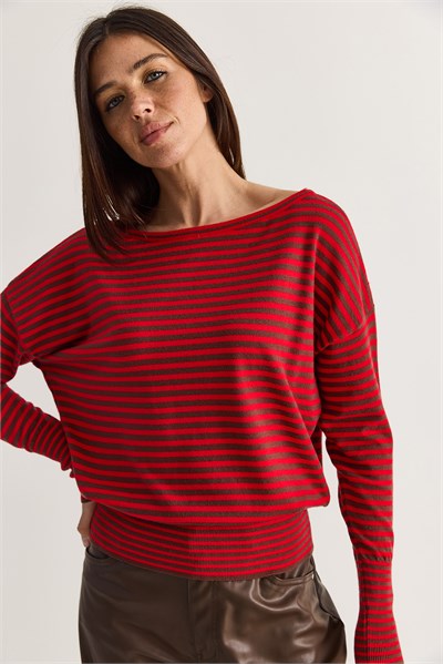 Kadın Kaşmir Dokulu Beli Saran Çizgili Kayık Yaka Oversize Triko Kazak TK251184 60286615 - Kahverengi-Kırmızı
