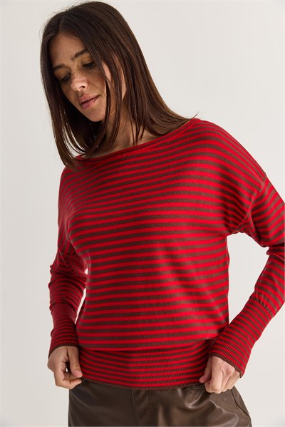 Kadın Kaşmir Dokulu Beli Saran Çizgili Kayık Yaka Oversize Triko Kazak TK251184 60286615 - Kahverengi-Kırmızı