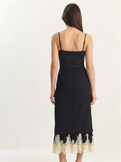 Kadın Katmanlı Dantel Detaylı Astarlı Midi Etek 0936 60283945 - Siyah