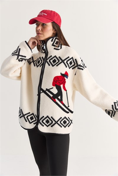 Kadın Kayakçı Desenli Dik Yaka Cep Detaylı Biyeli Fermuarlı Polar Sweatshirt 60286750 - Ekru-Siyah