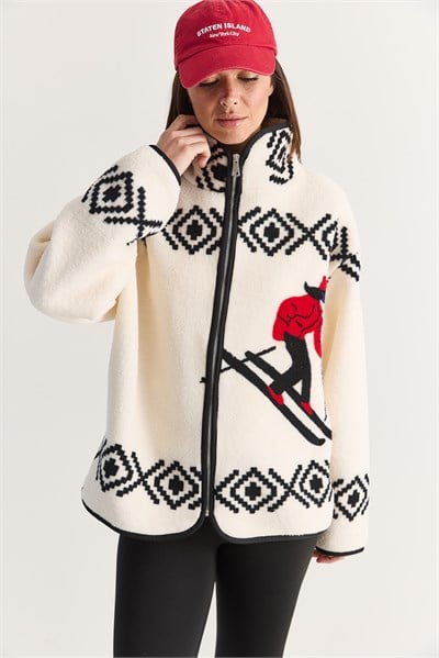 Kadın Kayakçı Desenli Dik Yaka Cep Detaylı Biyeli Fermuarlı Polar Sweatshirt 60286750 - Ekru-Siyah