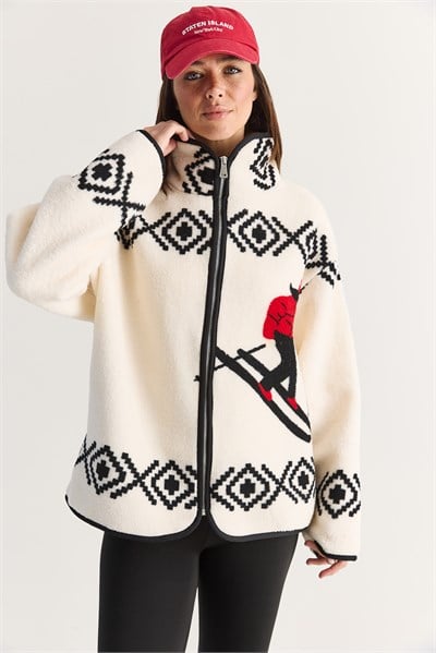 Kadın Kayakçı Desenli Dik Yaka Cep Detaylı Biyeli Fermuarlı Polar Sweatshirt 60286750 - Ekru-Siyah