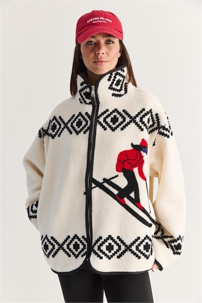Kadın Kayakçı Desenli Dik Yaka Cep Detaylı Biyeli Fermuarlı Polar Sweatshirt 60286750 - Ekru-Siyah