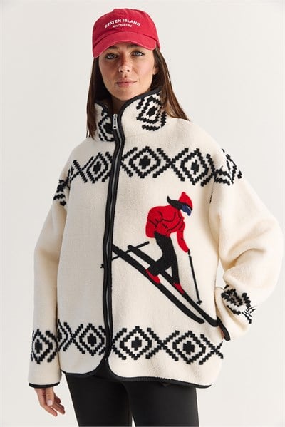 Kadın Kayakçı Desenli Dik Yaka Cep Detaylı Biyeli Fermuarlı Polar Sweatshirt 60286750 - Ekru-Siyah