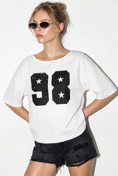 Kadın Kayık Yaka Baskılı Oversize %100 Pamuk T-Shirt ÖT100005 60286270 - Beyaz