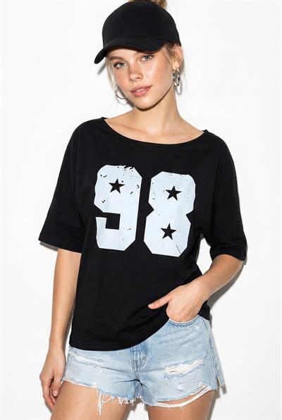 Kadın Kayık Yaka Baskılı Oversize %100 Pamuk T-Shirt ÖT100005 60286270 - Siyah