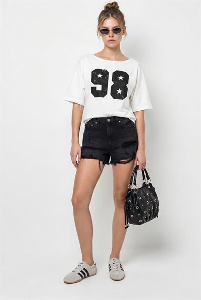 Kadın Kayık Yaka Baskılı Oversize %100 Pamuk T-Shirt ÖT100005 60286270 - Beyaz