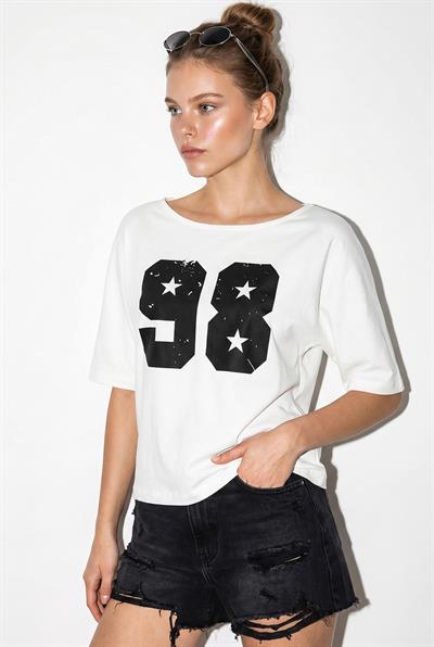 Kadın Kayık Yaka Baskılı Oversize %100 Pamuk T-Shirt ÖT100005 60286270 - Beyaz